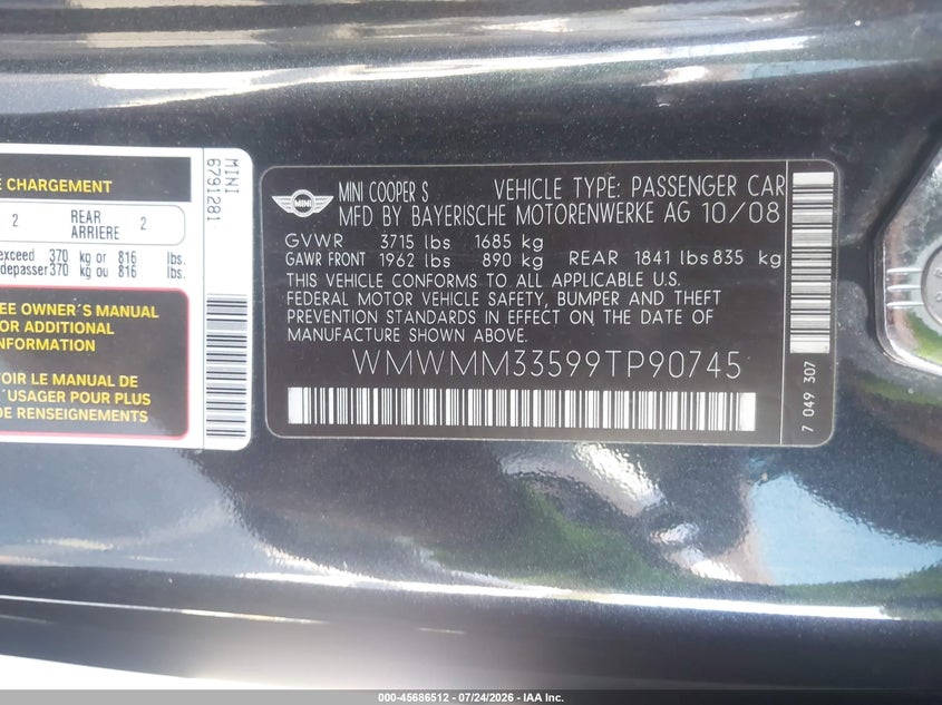 MINI COOPER S CLUBMAN 2009 VIN WMWMM33599TP90745