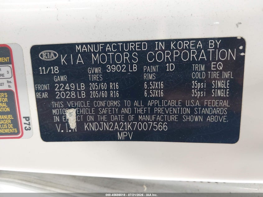 2019 Kia Soul VIN: KNDJN2A21K7007566 Lot: 45686518