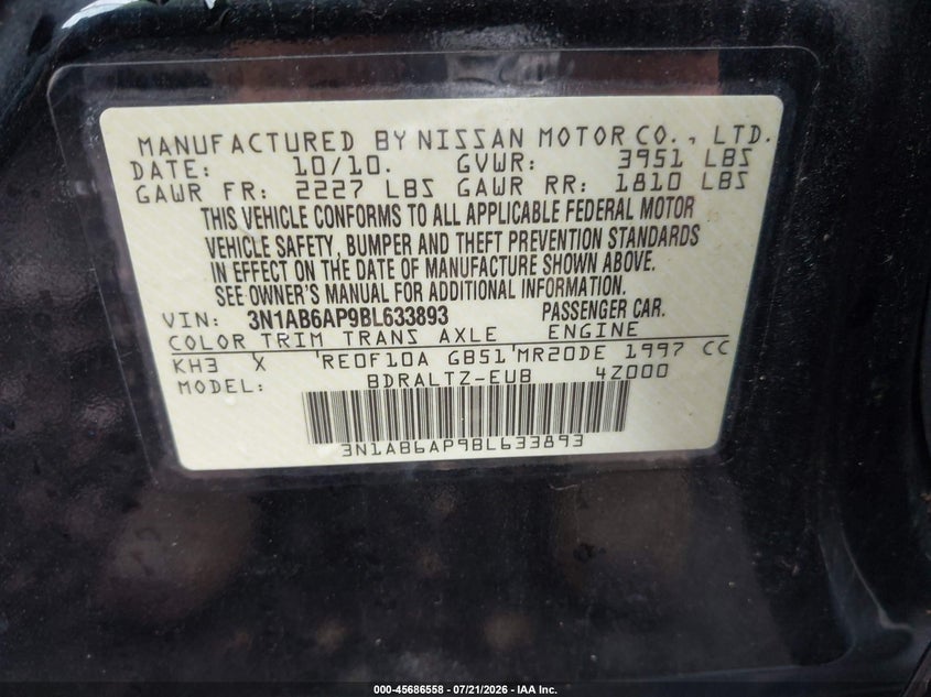 2011 Nissan Sentra 2.0Sr VIN: 3N1AB6AP9BL633893 Lot: 45686558