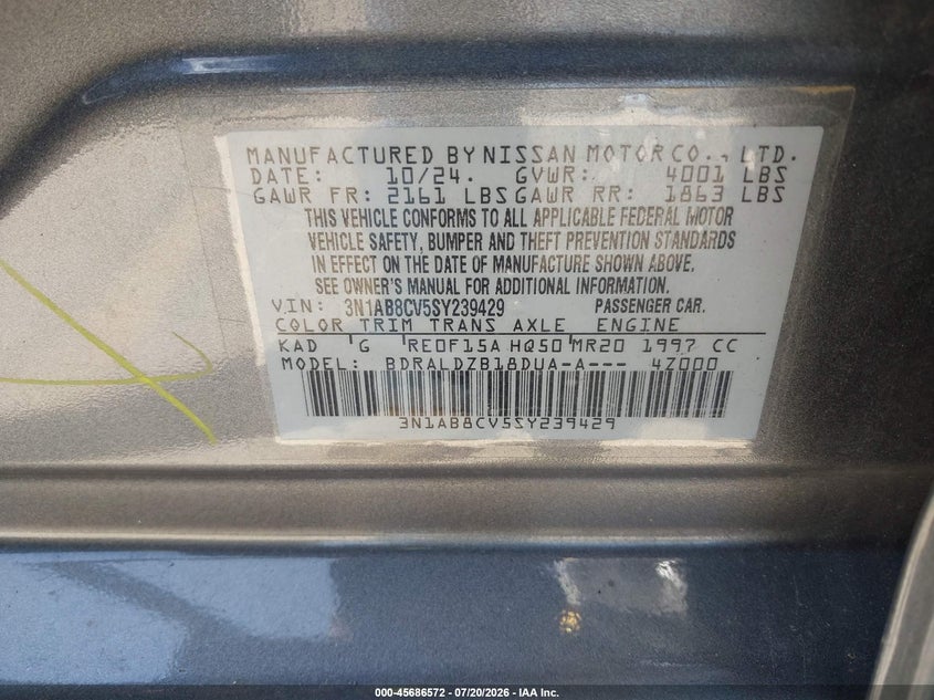 2025 Nissan Sentra Sv VIN: 3N1AB8CV5SY239429 Lot: 45686572