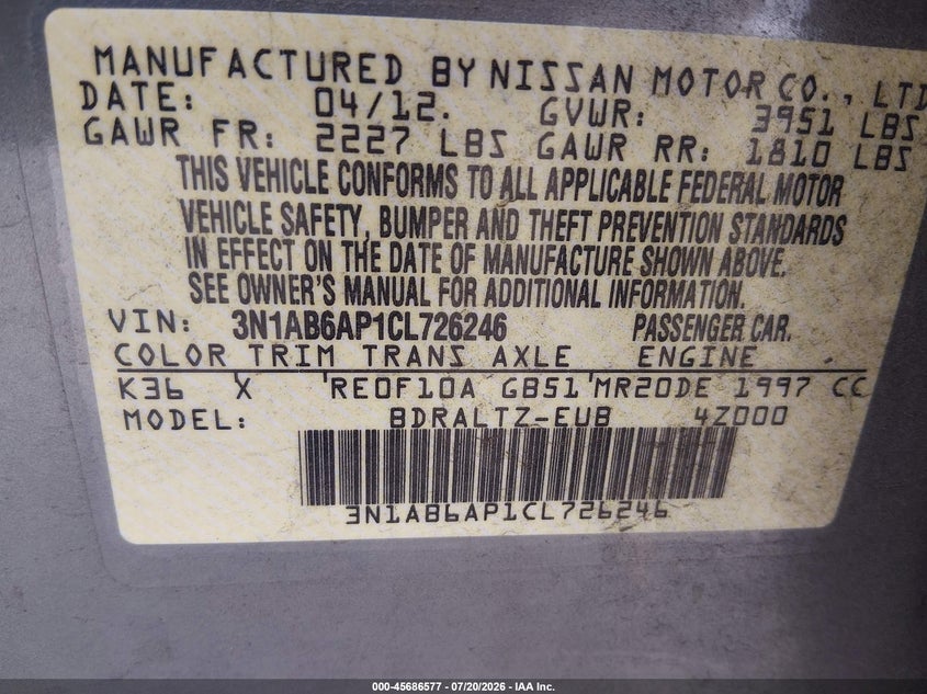 2012 Nissan Sentra 2.0 S VIN: 3N1AB6AP1CL726246 Lot: 45686577