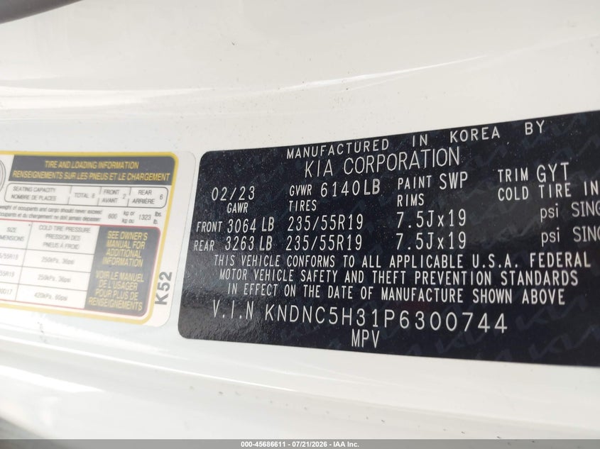 2023 Kia Carnival Mpv Ex VIN: KNDNC5H31P6300744 Lot: 45686611