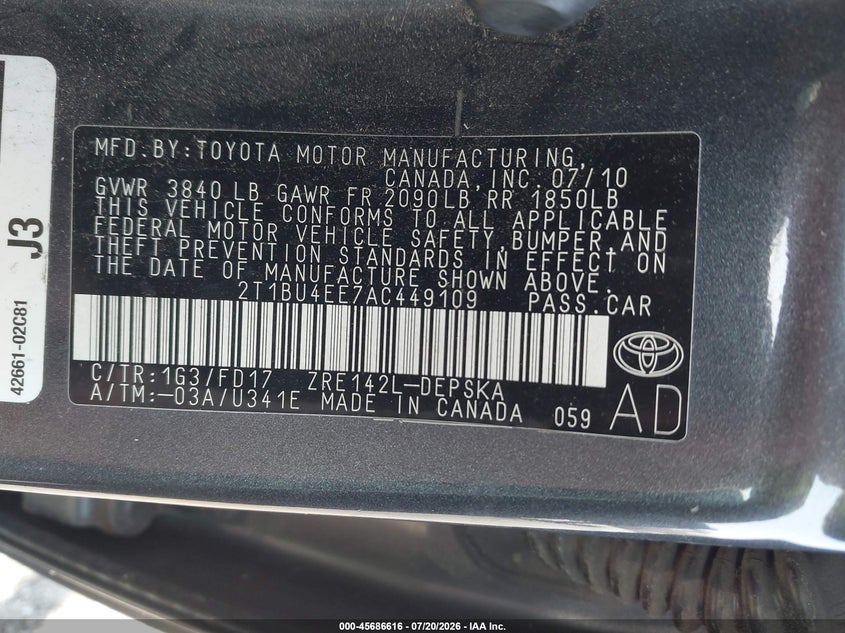 2010 Toyota Corolla S VIN: 2T1BU4EE7AC449109 Lot: 45686616