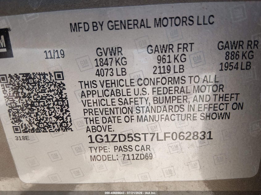 2020 Chevrolet Malibu Fwd Lt VIN: 1G1ZD5ST7LF062831 Lot: 45686643