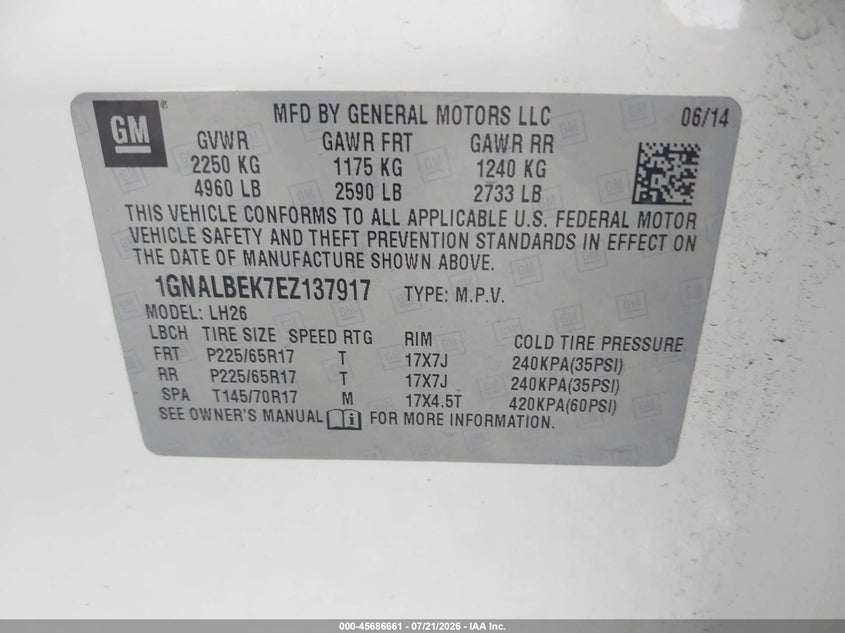 2014 Chevrolet Equinox Lt VIN: 1GNALBEK7EZ137917 Lot: 45686661