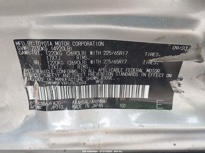 2023 Toyota Rav4 Hybrid Xle VIN: JTMRWRFVXPJ057694 Lot: 45686664
