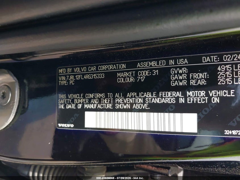 2024 Volvo S60 B5 Plus Dark Theme VIN: 7JRL12FL4RG315333 Lot: 45686665