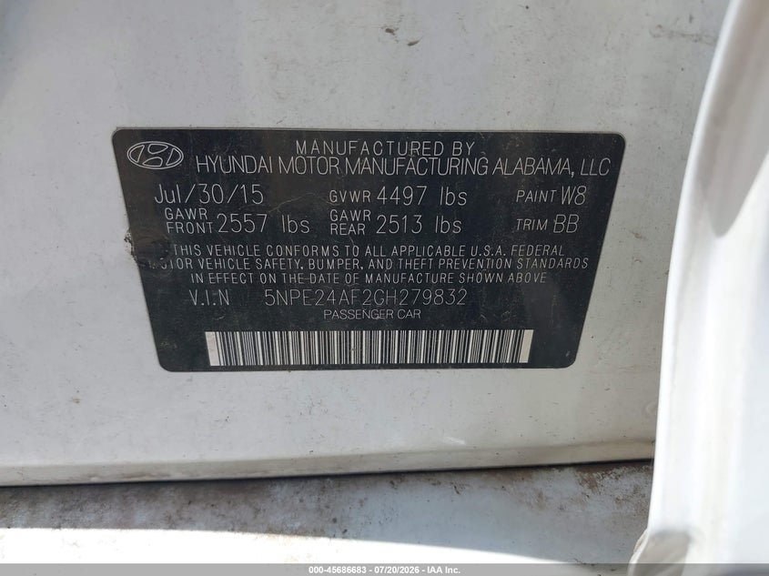 2016 Hyundai Sonata Se VIN: 5NPE24AF2GH279832 Lot: 45686683
