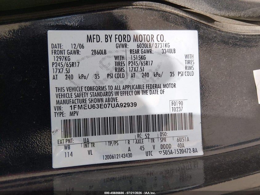 2007 Ford Explorer Xlt VIN: 1FMEU63E07UA92939 Lot: 45686686