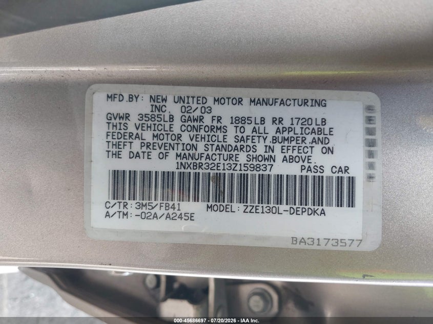 2003 Toyota Corolla Ce VIN: 1NXBR32E13Z159837 Lot: 45686697
