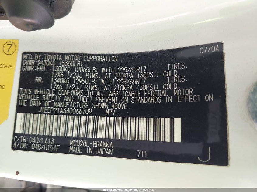 2004 Toyota Highlander Limited V6 VIN: JTEEP21A340066709 Lot: 45686703