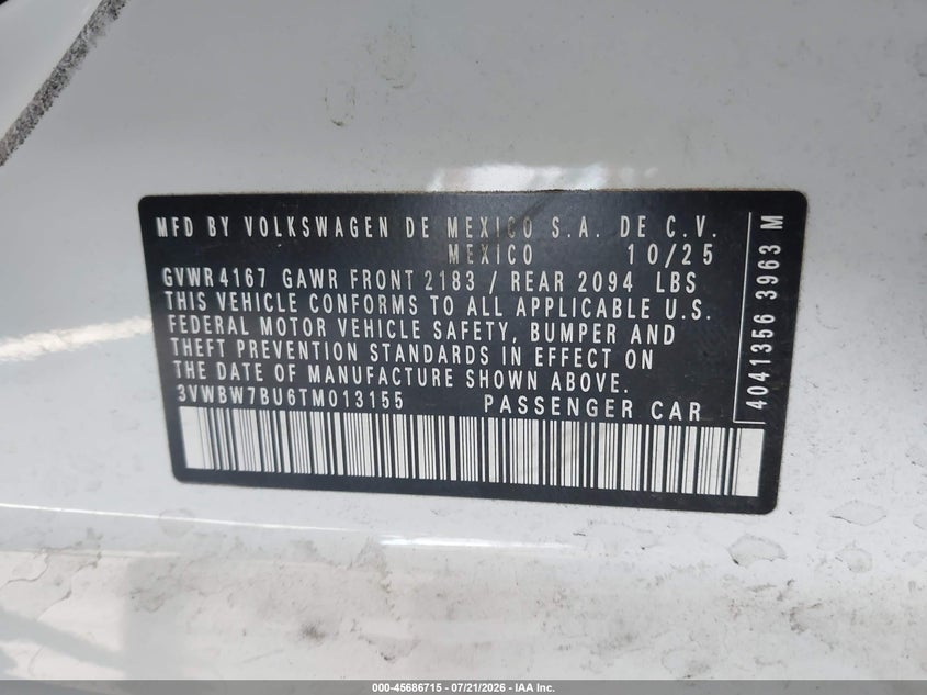 2026 Volkswagen Jetta Sport VIN: 3VWBW7BU6TM013155 Lot: 45686715