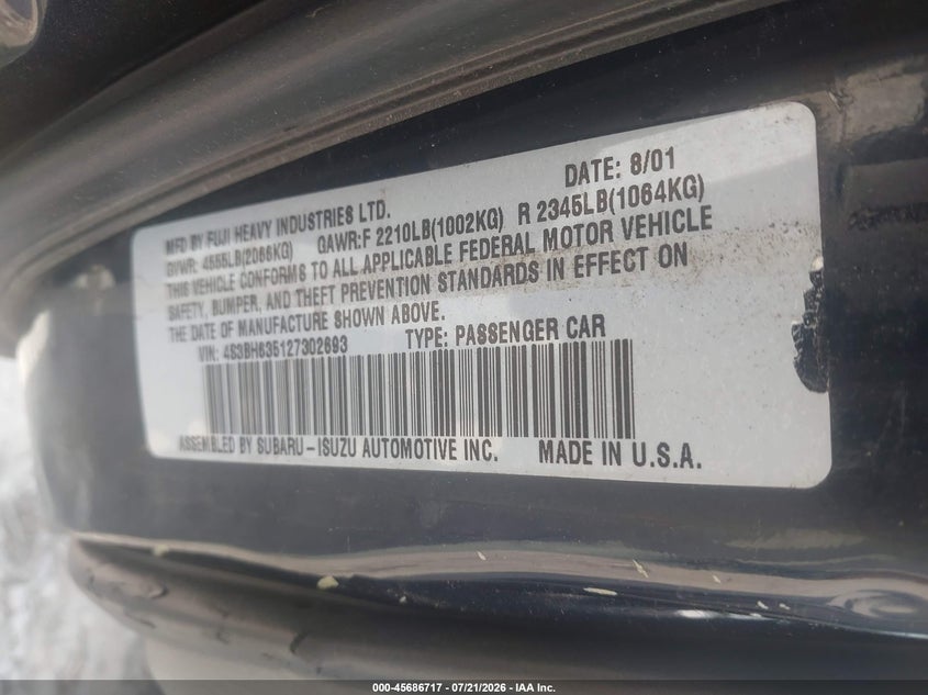 2002 Subaru Legacy L VIN: 4S3BH635127302693 Lot: 45686717