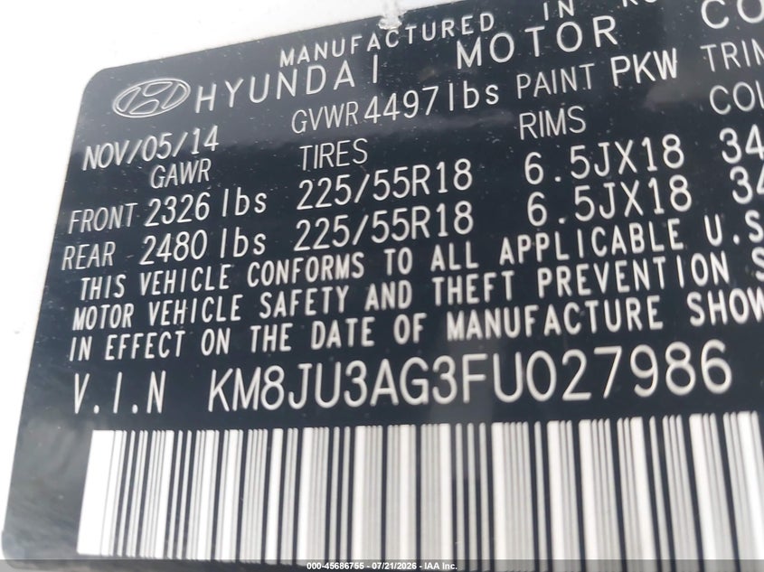 2015 Hyundai Tucson Limited VIN: KM8JU3AG3FU027986 Lot: 45686755
