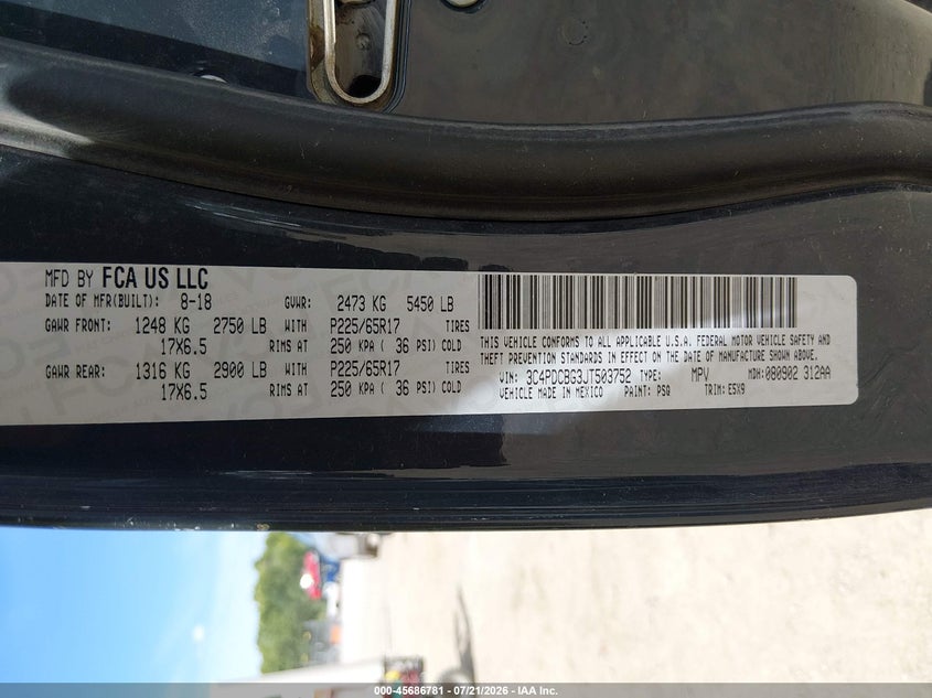 2018 Dodge Journey Sxt VIN: 3C4PDCBG3JT503752 Lot: 45686781