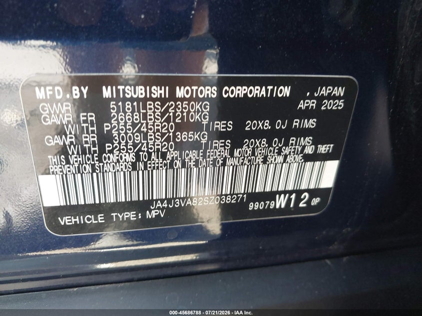 2025 Mitsubishi Outlander Se 2.5 2Wd VIN: JA4J3VA82SZ038271 Lot: 45686788