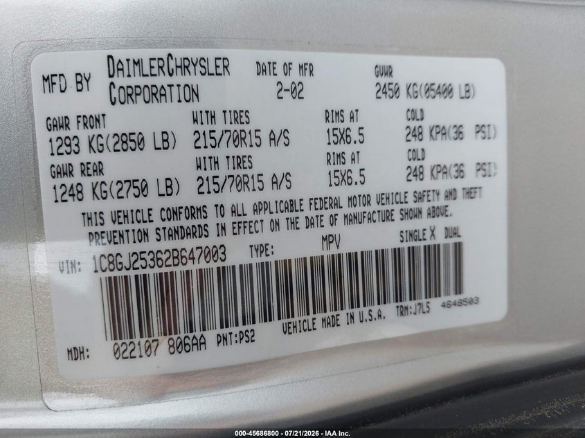 CHRYSLER VOYAGER 2002 VIN 1C8GJ25362B647003
