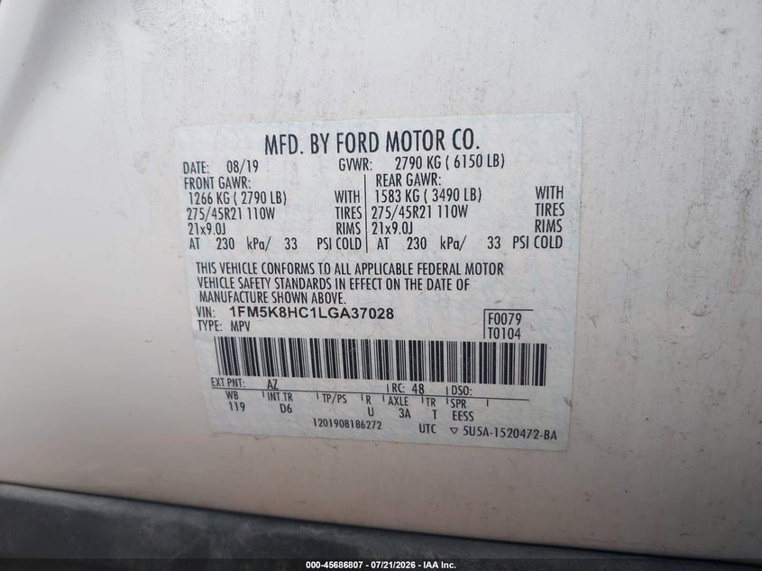 2020 Ford Explorer Platinum VIN: 1FM5K8HC1LGA37028 Lot: 45686807