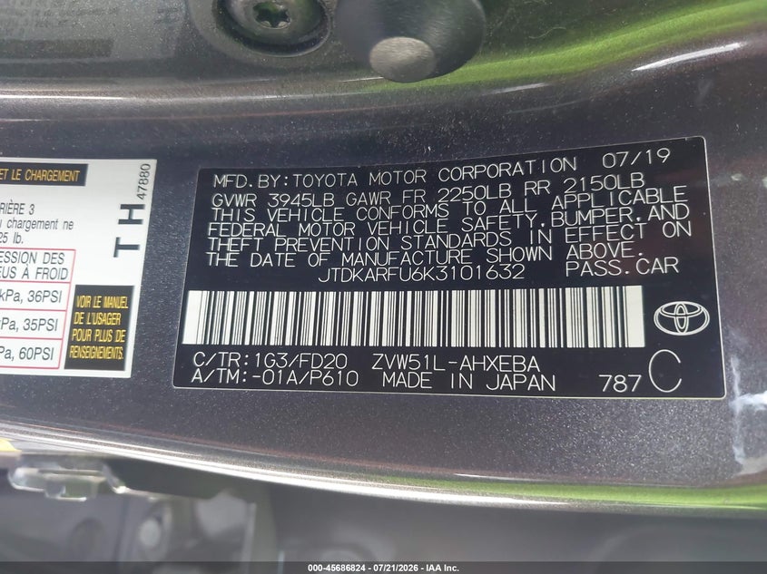 2019 Toyota Prius Le VIN: JTDKARFU6K3101632 Lot: 45686824