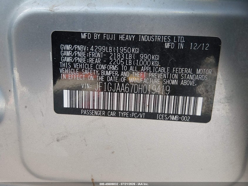 2013 Subaru Impreza 2.0I VIN: JF1GJAA67DH019419 Lot: 45686832