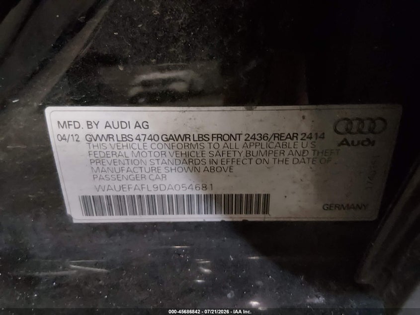2013 Audi A4 2.0T Premium VIN: WAUEFAFL9DA054681 Lot: 45686842