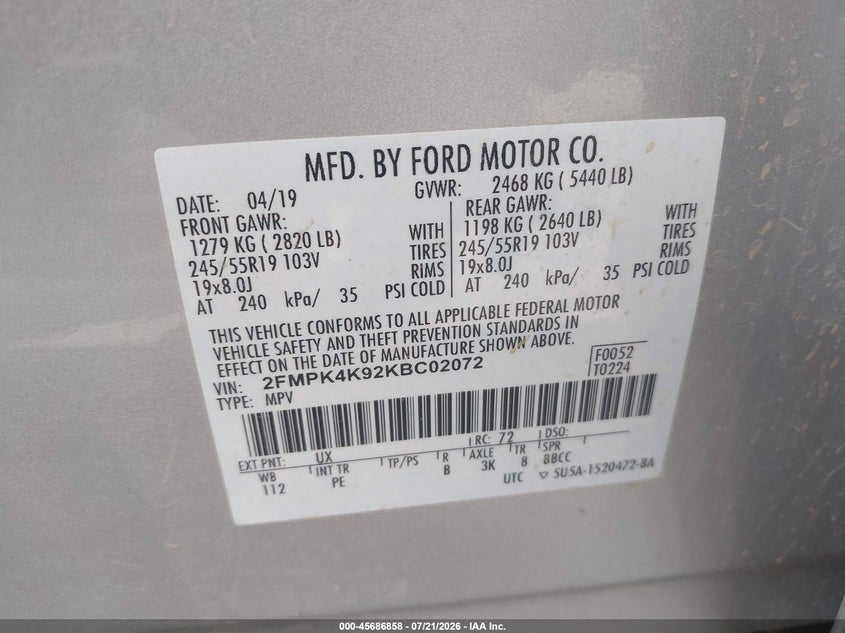 2019 Ford Edge Titanium VIN: 2FMPK4K92KBC02072 Lot: 45686858