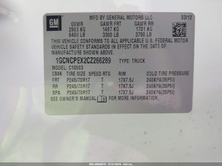 2012 Chevrolet Silverado 1500 Work Truck VIN: 1GCNCPEX2CZ266289 Lot: 45686878