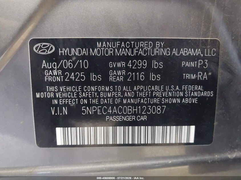 2011 Hyundai Sonata Limited VIN: 5NPEC4AC0BH123087 Lot: 45686906