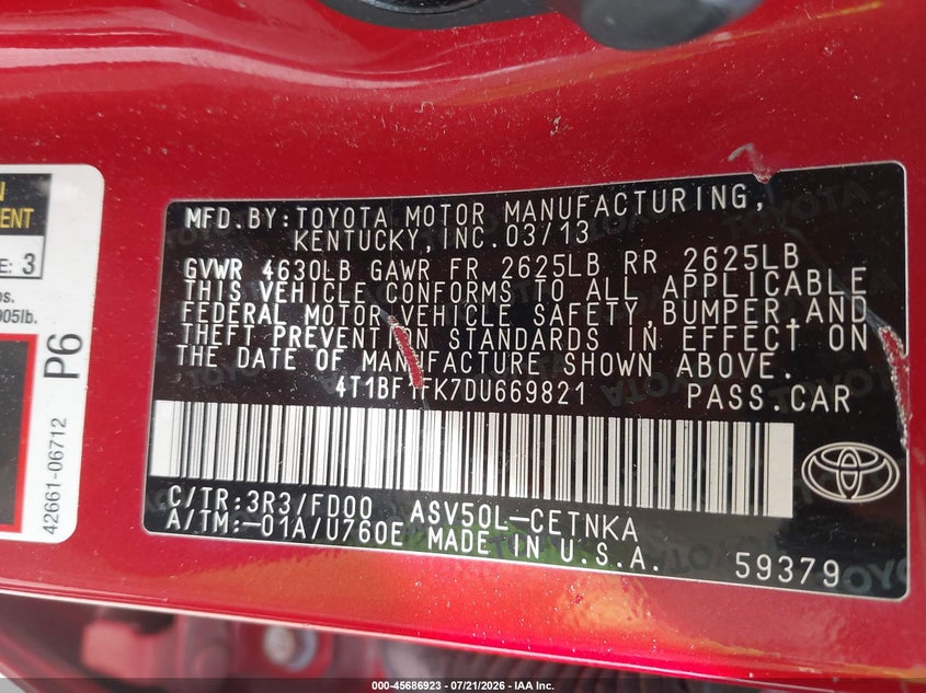 2013 Toyota Camry Le VIN: 4T1BF1FK7DU669821 Lot: 45686923