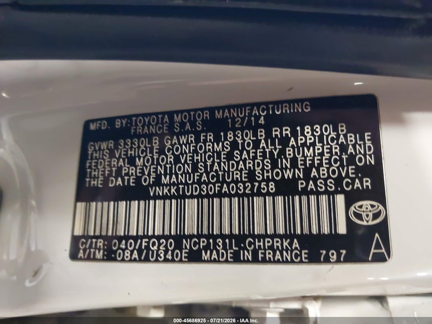 2015 Toyota Yaris L VIN: VNKKTUD30FA032758 Lot: 45686925