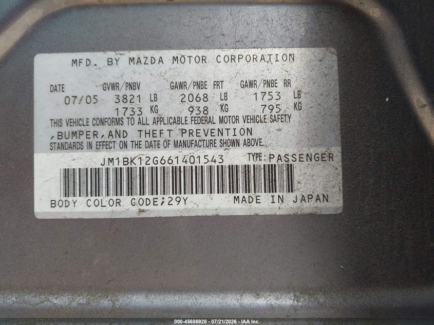 2006 Mazda Mazda3 I Touring VIN: JM1BK12G661401543 Lot: 45686928