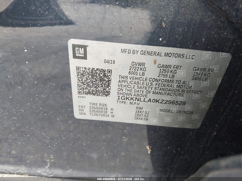 2019 GMC Acadia Sle-2 VIN: 1GKKNLLA0KZ256528 Lot: 45686942