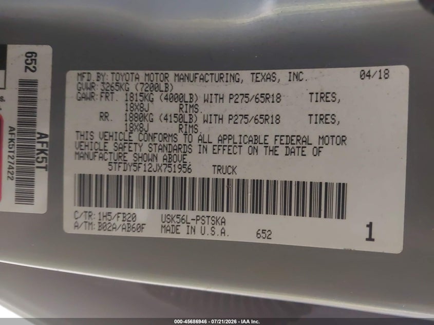 2018 Toyota Tundra Sr5 5.7L V8 VIN: 5TFDY5F12JX751956 Lot: 45686946