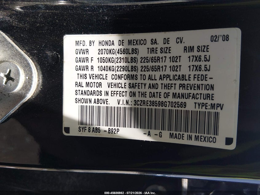 2008 Honda Cr-V Ex VIN: 3CZRE38598G702569 Lot: 45686982