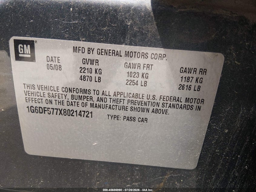 CADILLAC CTS 2008 VIN 1G6DF577X80214721
