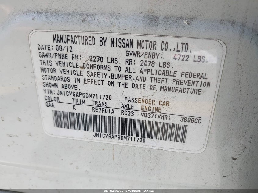 2013 Infiniti G37 Journey VIN: JN1CV6AP6DM711720 Lot: 45686995