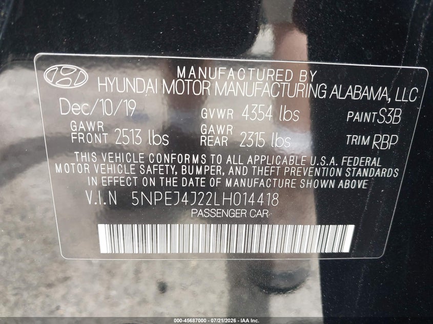 2020 Hyundai Sonata Sel Plus VIN: 5NPEJ4J22LH014418 Lot: 45687000