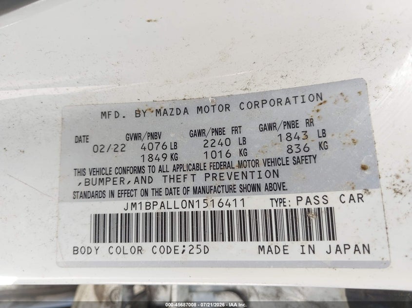 2022 Mazda Mazda3 Preferred VIN: JM1BPALL0N1516411 Lot: 45687008