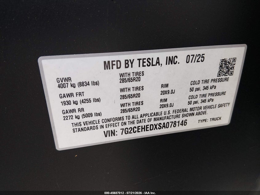 2025 Tesla Cybertruck All-Wheel Drive VIN: 7G2CEHEDXSA078146 Lot: 45687012