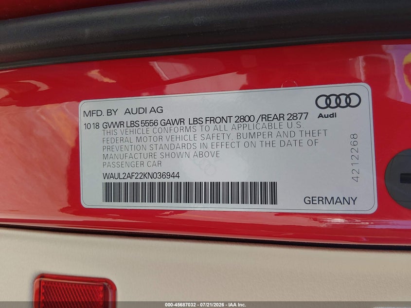 2019 Audi A6 55 Premium VIN: WAUL2AF22KN036944 Lot: 45687032