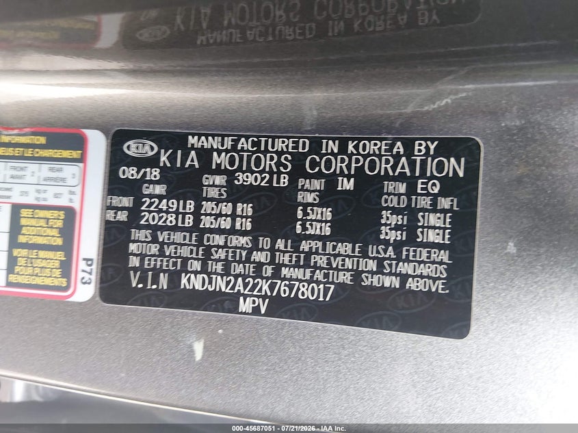 2019 Kia Soul VIN: KNDJN2A22K7678017 Lot: 45687051