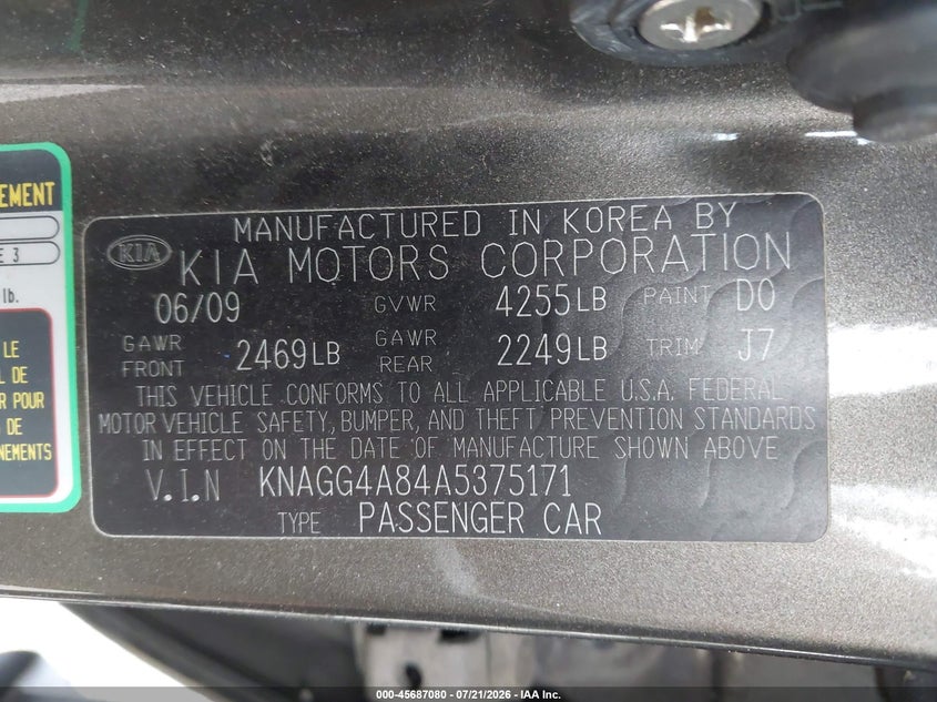 2010 Kia Optima Lx VIN: KNAGG4A84A5375171 Lot: 45687080