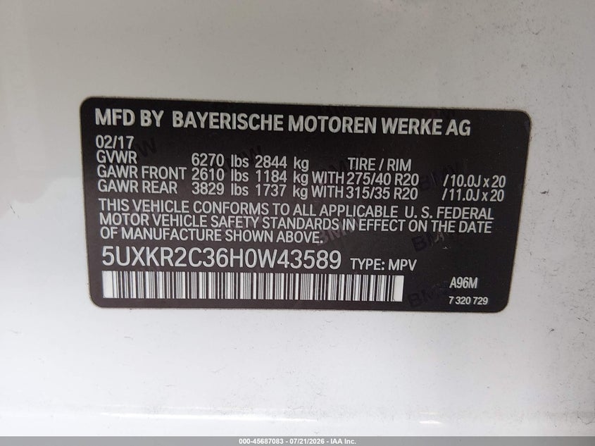 2017 BMW X5 Sdrive35I VIN: 5UXKR2C36H0W43589 Lot: 45687083
