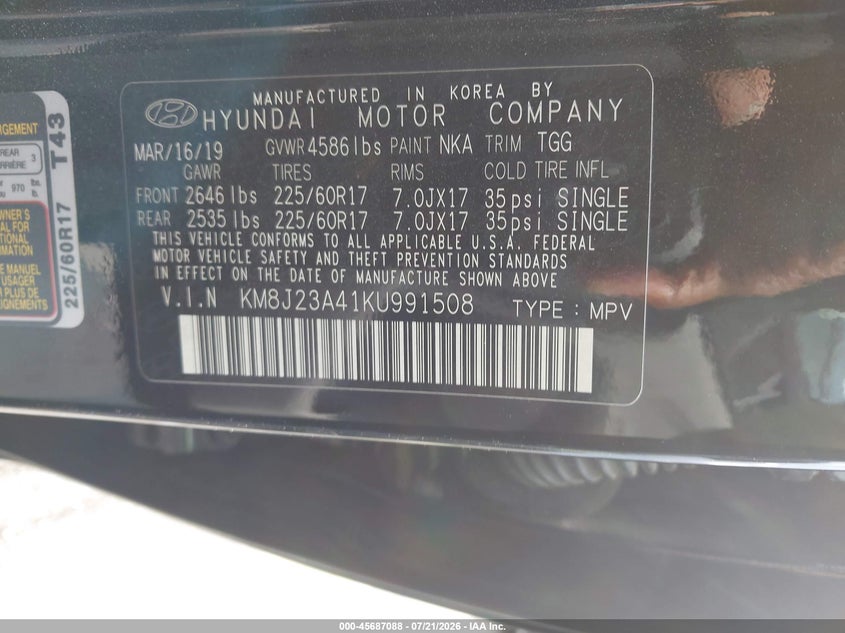 2019 Hyundai Tucson Se VIN: KM8J23A41KU991508 Lot: 45687088