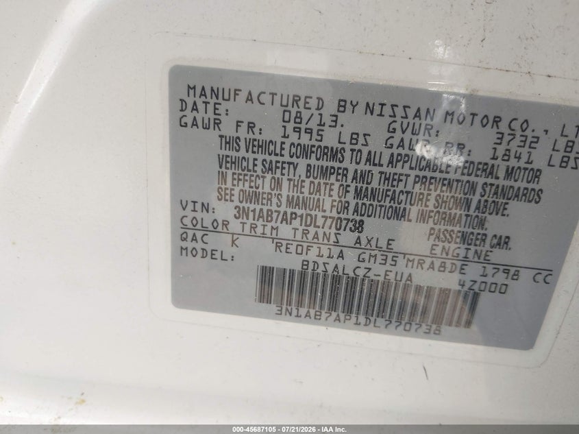 2013 Nissan Sentra S VIN: 3N1AB7AP1DL770738 Lot: 45687105