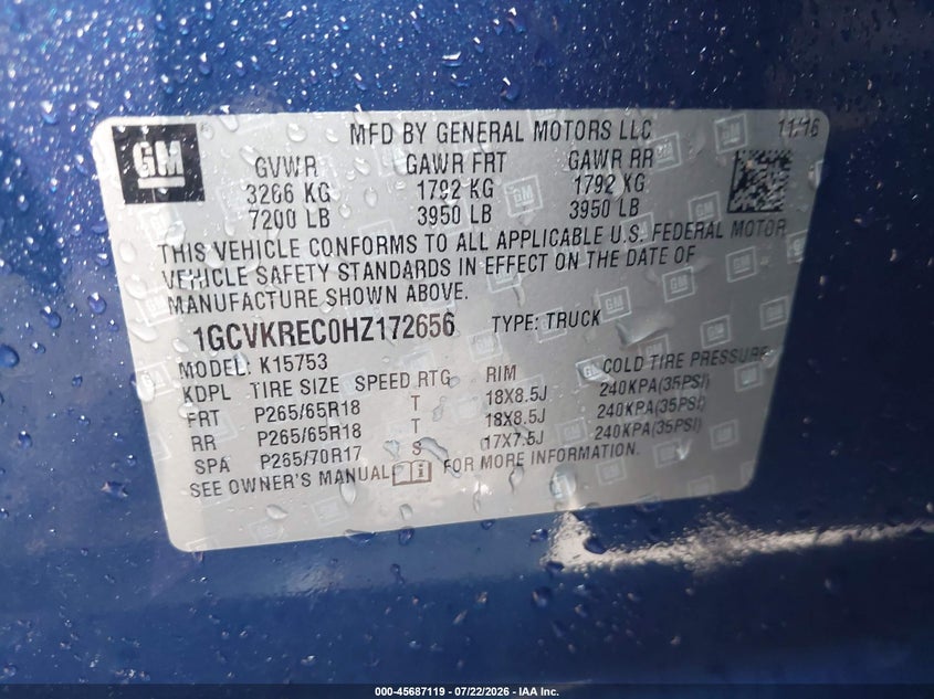 CHEVROLET SILVERADO 1500 2017 VIN 1GCVKREC0HZ172656