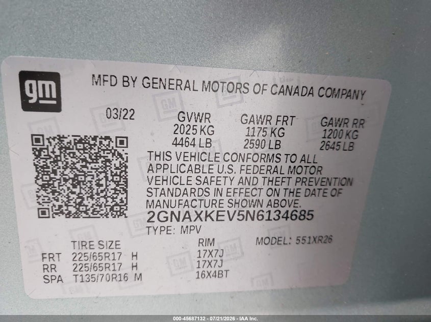 2022 Chevrolet Equinox Fwd Lt VIN: 2GNAXKEV5N6134685 Lot: 45687132