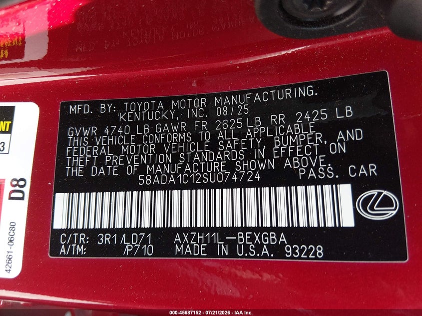 2025 Lexus Es 300H VIN: 58ADA1C12SU074724 Lot: 45687152