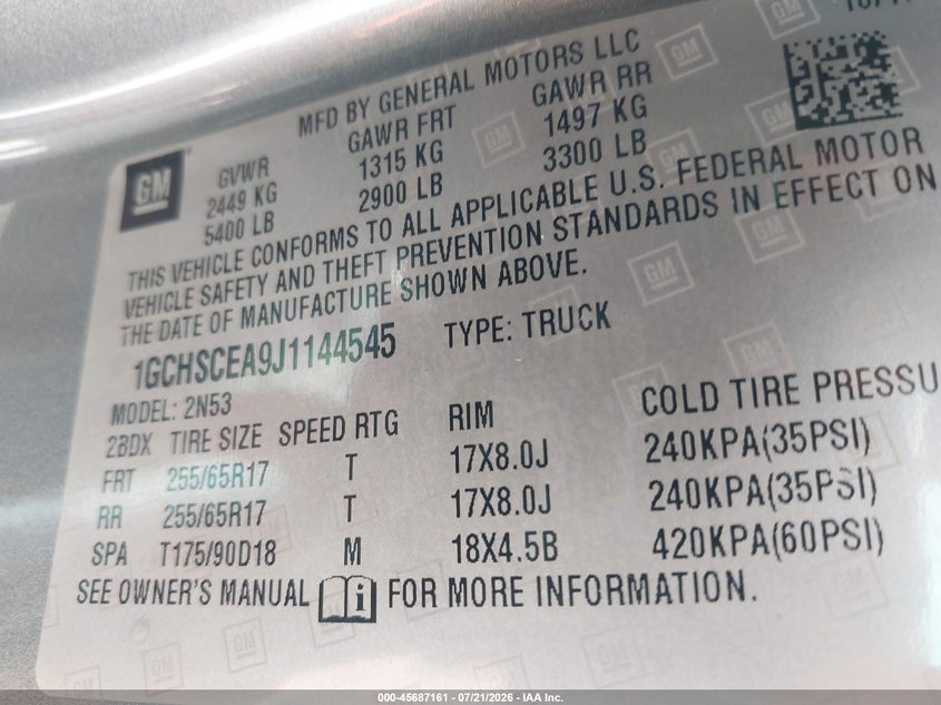 2018 Chevrolet Colorado Lt VIN: 1GCHSCEA9J1144545 Lot: 45687161