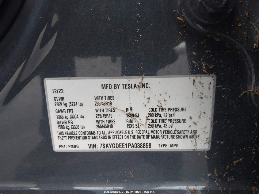 2023 Tesla Model Y Awd/Long Range Dual Motor All-Wheel Drive VIN: 7SAYGDEE1PA038858 Lot: 45687172